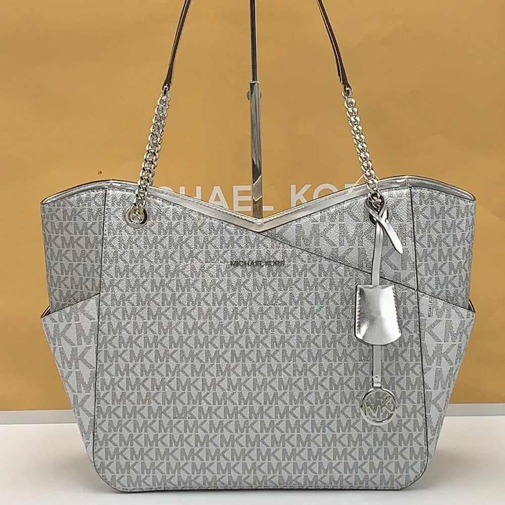 Michael Kors Jet Set Travel Large Chained Tote Shoulder Bag MK  Silver  NWT